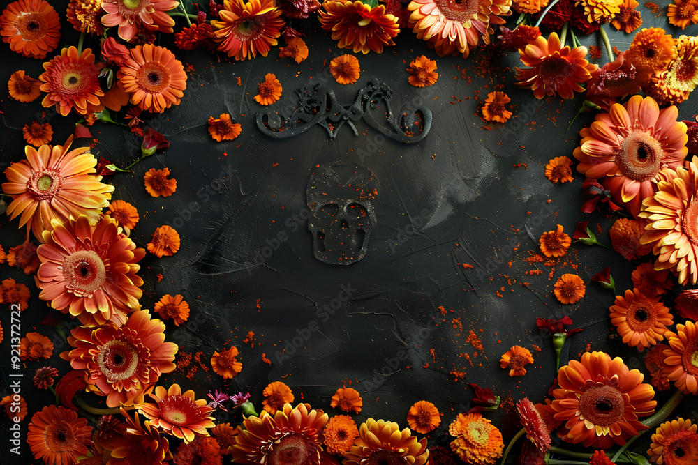 3d rendering, mexican day of the death tradition background with sugar skulls, cempasuchilt marigold flower and candles frame. Copy space for text or design. day of death concept banner template. 3d rendering, mexican day of the death tradition background with sugar skulls, cempasuchilt marigold flower and candles frame. Copy space for text or design. day of death concept banner template.