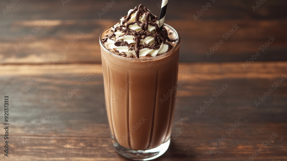 An iced chocolate milkshake drink set against a wooden background. The rich, creamy texture of the milkshake is contrasted by the natural, warm tones of the wood, creating a visually appealing An iced chocolate milkshake drink set against a wooden background. The rich, creamy texture of the milkshake is contrasted by the natural, warm tones of the wood, creating a visually appealing
