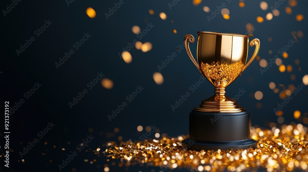 A shining gold trophy on a dark background, surrounded by glittering confetti, symbolizing victory and achievement. A shining gold trophy on a dark background, surrounded by glittering confetti, symbolizing victory and achievement.