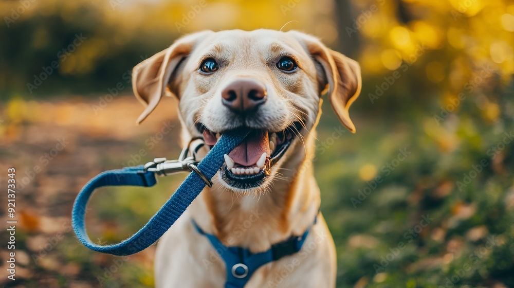 Happy Dog with Leash in Autumn Park Happy Dog with Leash in Autumn Park