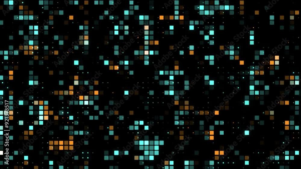 Turquoise, blue, yellow and brown squares and dots move, blink and change size on a black background. The squares change shape and size randomly. Technological cyberspace representation wallpaper.