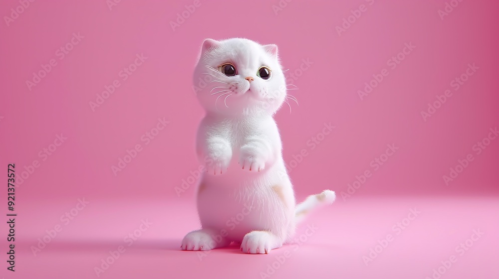Obraz premium Cute character 3D image of cute cat, scotish fold, white, pink, with golden stripes, he is standing up on his back paws, happy,