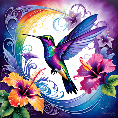 Step into a world of magical realism with this striking portrayal of a colorful hummingbird emerging from a whirlwind of purple hibiscus petals