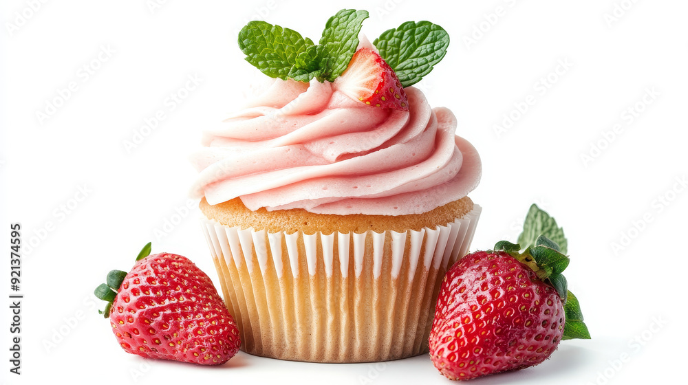 A tasty cupcake topped with a fresh strawberry and a sprig of mint, isolated on a white background. The cupcake’s vibrant colors and elegant garnishes make it visually appealing and inviting.