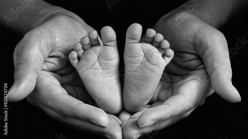 A baby's feet are held in the hands of a parent