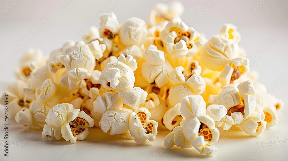 A pile of white popcorn with a few pieces missing A pile of white popcorn with a few pieces missing