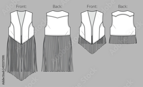 Vector sleeveless jacket with tassel trim fashion CAD, summer woman vest with fringe technical drawing, template, flat, sketch. Suede or woven fabric 2 pcs set vest with front, back view, white color photo