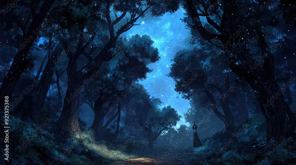 An enigmatic forest at twilight, where twisted, gnarled trees stretch toward a star-filled sky, revealing a concealed path that leads to a long-lost shrine An enigmatic forest at twilight, where twisted, gnarled trees stretch toward a star-filled sky, revealing a concealed path that leads to a long-lost shrine