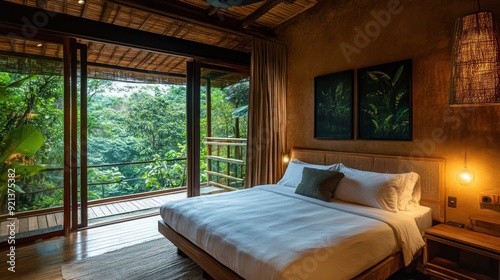 Fototapeta Naklejka Na Ścianę i Meble -  Interior of double room in an eco hotel in the jungle
