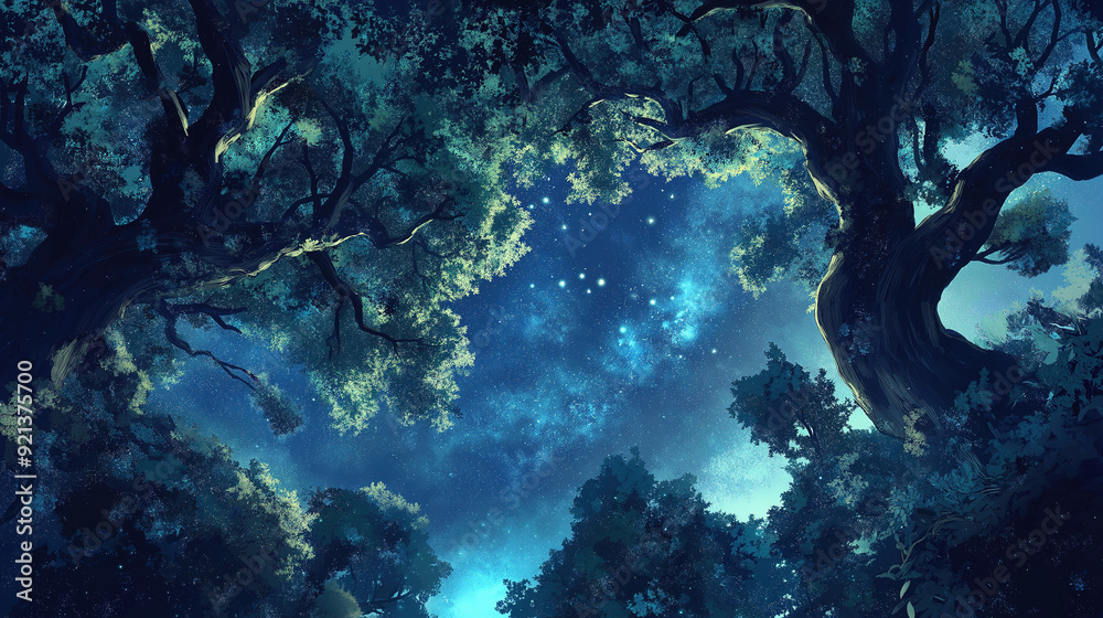 mystical branches and leaves of trees with a beautiful starry night sky in the background mystical branches and leaves of trees with a beautiful starry night sky in the background