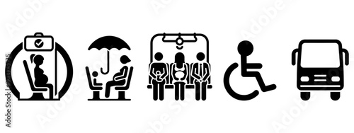 Priority seating for customers with disabilities, pregnant women and passengers with children, seniors. Set of vector signs for bus passengers, waiting rooms, public places. Sitting people icons.