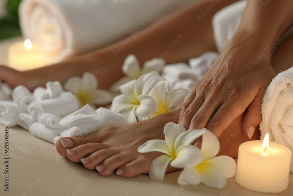 Close-up of a woman's feet and hands surrounded by white flowers and candles, creating a relaxing spa atmosphere Close-up of a woman's feet and hands surrounded by white flowers and candles, creating a relaxing spa atmosphere
