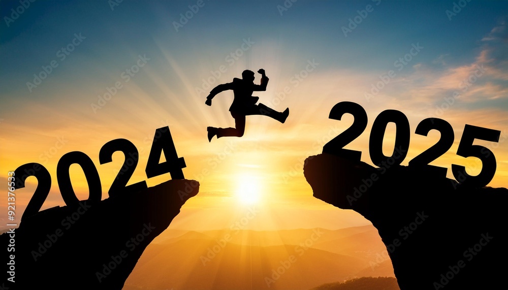 Merry Christmas and Happy new year 2025. A young businessman jump between 2024 and 2025 years over the sun and through on the gap of hill silhouette, evening yellow sky. High quality image