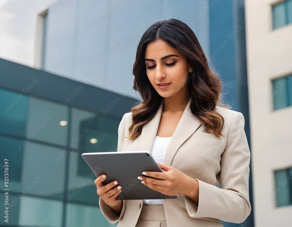 Business woman using a tablet outdoors in a modern city environment Business woman using a tablet outdoors in a modern city environment