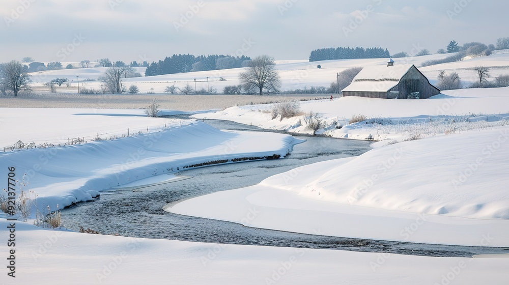 Snow-covered landscape with a winding river and a rustic barn on a winter day Snow-covered landscape with a winding river and a rustic barn on a winter day