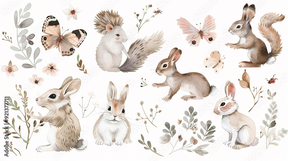 Fototapeta premium Whimsical illustration of woodland animals and butterflies among delicate floral elements