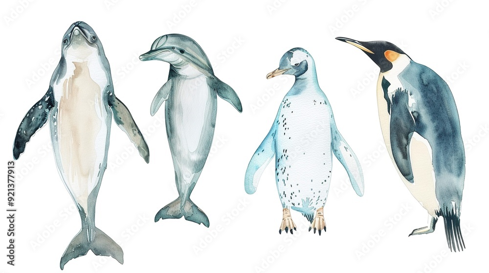Obraz premium Watercolor illustration of marine animals including a dolphin, two penguins, and an emperor penguin against a white background