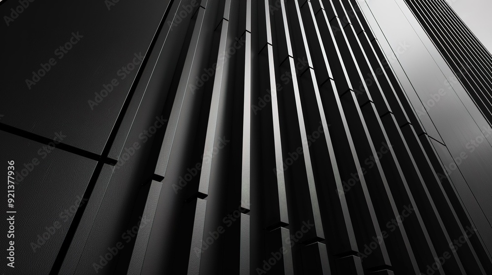 Modern black building facade with vertical lines and shadows captured in a low-angle view during daylight Modern black building facade with vertical lines and shadows captured in a low-angle view during daylight