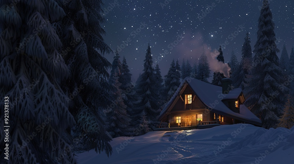 Fototapeta premium Cozy cabin illuminated by warm light under a starry night sky in a snowy forest
