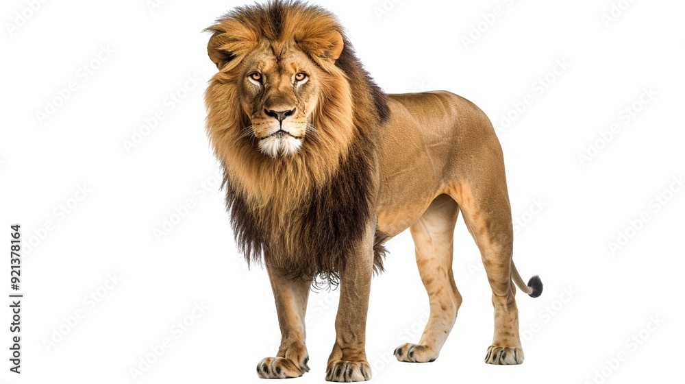 Obraz premium Majestic lion stands proudly against a plain background, showcasing its impressive mane and regal stance