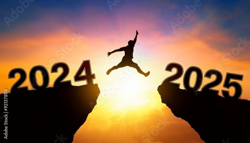Merry Christmas and Happy new year 2025. A young businessman jump between 2024 and 2025 years over the sun and through on the gap of hill silhouette, evening yellow sky. High quality image