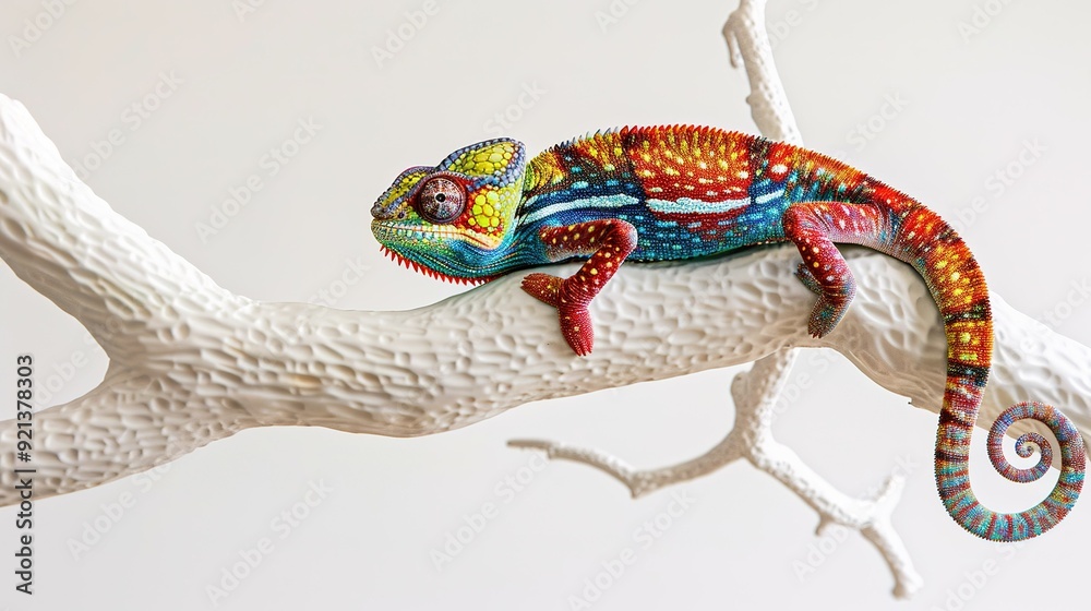 Colorful chameleon resting on a white branch in a minimalist setting Colorful chameleon resting on a white branch in a minimalist setting