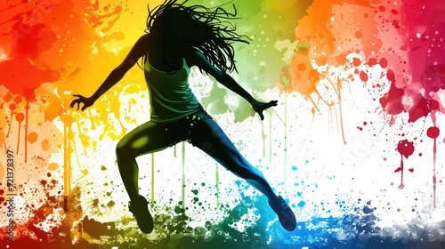 A woman is jumping in the air with her arms outstretched