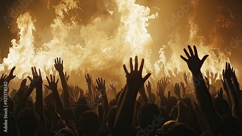 A crowd of people are gathered together, with their hands raised in the air