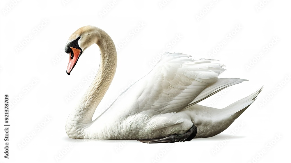 A graceful swan resting elegantly with its wings partially spread against a plain background A graceful swan resting elegantly with its wings partially spread against a plain background