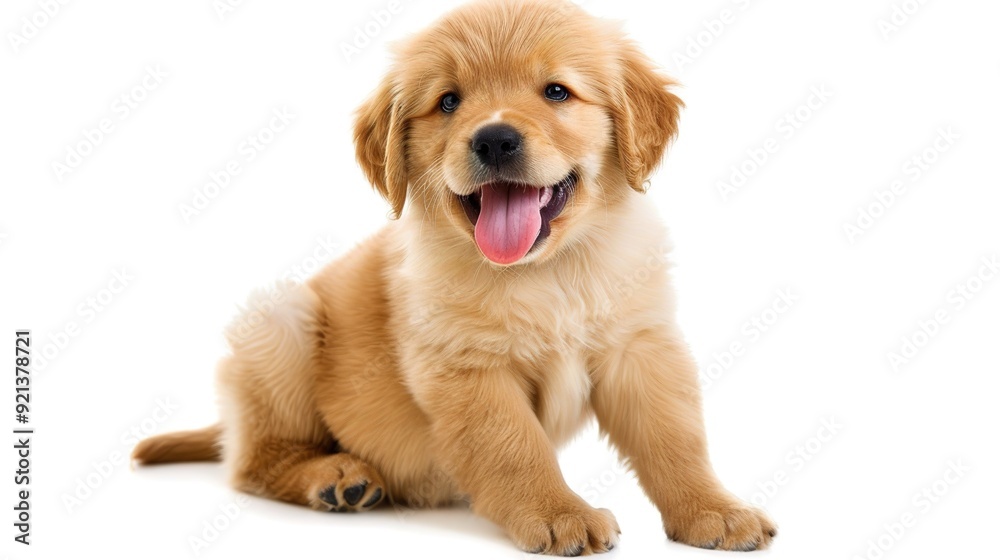 Happy golden retriever puppy sitting and sticking out its tongue in a bright indoor setting Happy golden retriever puppy sitting and sticking out its tongue in a bright indoor setting