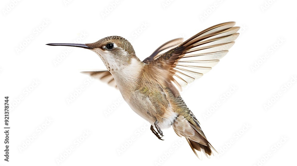 A hummingbird hovering in mid-air showcasing its iridescent feathers and intricate wing movement against a white background A hummingbird hovering in mid-air showcasing its iridescent feathers and intricate wing movement against a white background