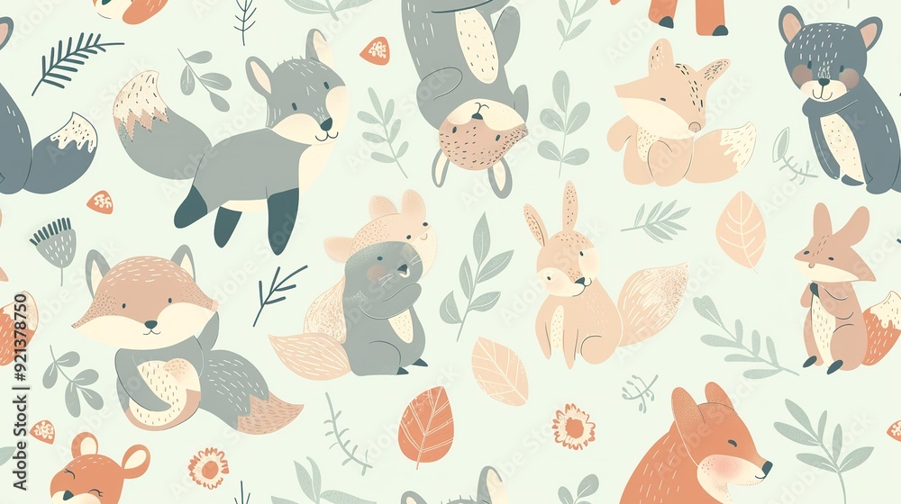 Cute forest animals pattern design featuring foxes, rabbits, and bears surrounded by leaves and flowers on a light background Cute forest animals pattern design featuring foxes, rabbits, and bears surrounded by leaves and flowers on a light background