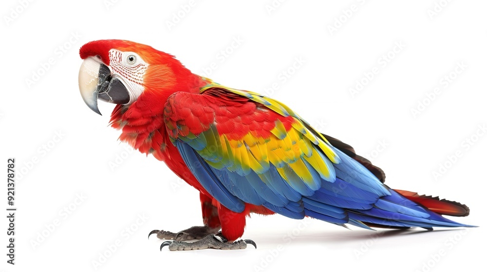 Obraz premium Vibrant scarlet macaw perched with colorful plumage on a white background
