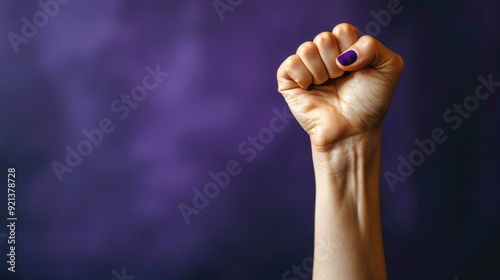 A woman's hand is raised in the air with a purple nail polish on it