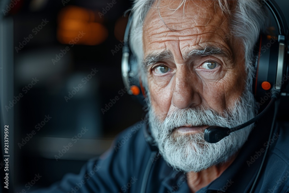 Experienced elderly man as telephone operator symbolizing expertise in support service work Experienced elderly man as telephone operator symbolizing expertise in support service work