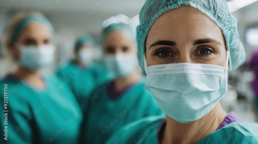 A group of surgeons, wearing masks and scrubs, looks focused as they prepare for a medical procedure in a well-lit, sterile hospital environment with a strong atmosphere of professionalism. A group of surgeons, wearing masks and scrubs, looks focused as they prepare for a medical procedure in a well-lit, sterile hospital environment with a strong atmosphere of professionalism.