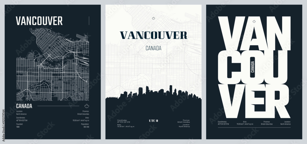 Fototapeta premium Set of travel posters with Vancouver, detailed urban street plan city map, Silhouette city skyline, vector artwork, set 2
