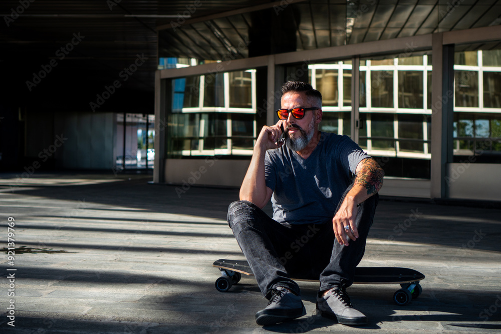 Skater speaking on mobile phone on his skateboard Skater speaking on mobile phone on his skateboard