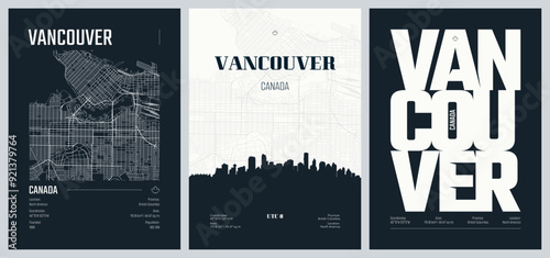 Set of travel posters with Vancouver, detailed urban street plan city map, Silhouette city skyline, vector artwork, set 2