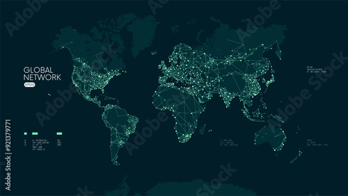 Global social network connection, Futuristic abstract of world Communication map internet and technology, Vector tech plexus geometric background, Glowing lines logistic with flickering particles