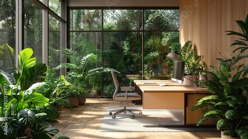 Chic office environment with abundant plants, natural light, and green design principles picture