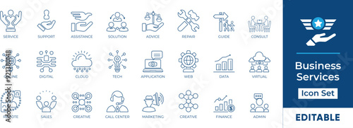 Business Services line icon set features essential elements like customer support, digital solutions, cloud services, remote work, and more. Perfect for web design, presentations, and mobile apps.