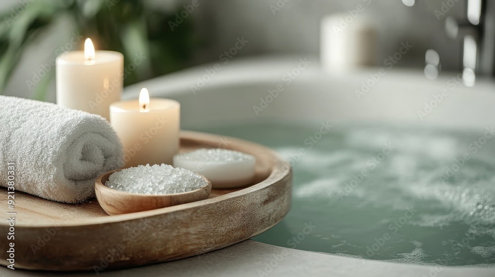 A calming bath setup with lit candles, rolled towels, and a wooden tray holding bath salts, creating a serene and luxurious atmosphere perfect for relaxation and self-care. A calming bath setup with lit candles, rolled towels, and a wooden tray holding bath salts, creating a serene and luxurious atmosphere perfect for relaxation and self-care.