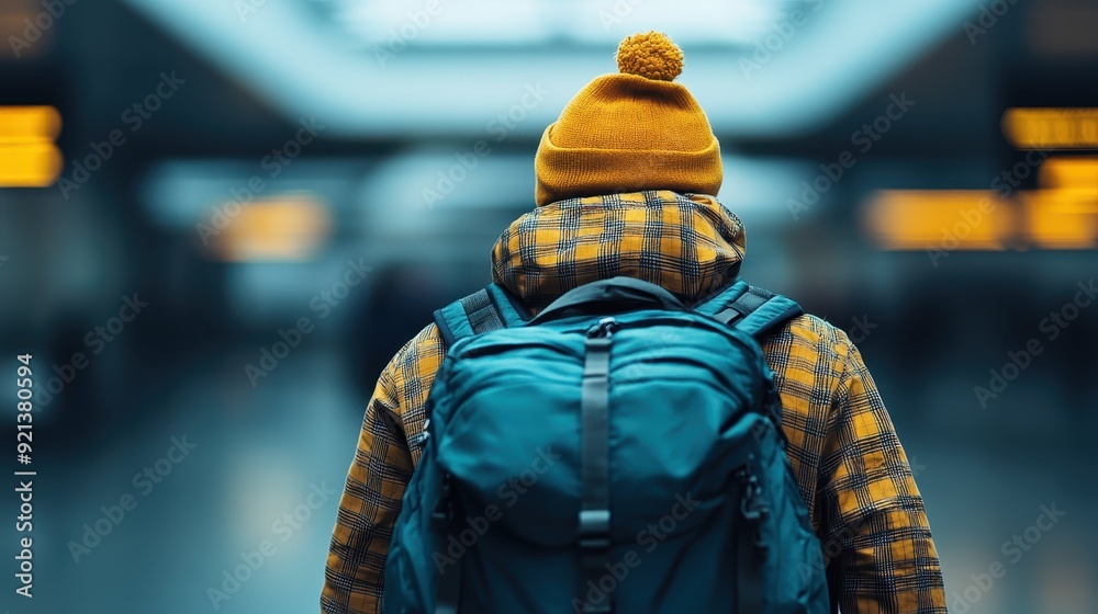 A traveler wearing a yellow winter hat and plaid jacket with a large blue backpack stands in an airport terminal, possibly embarking on a new adventure.
