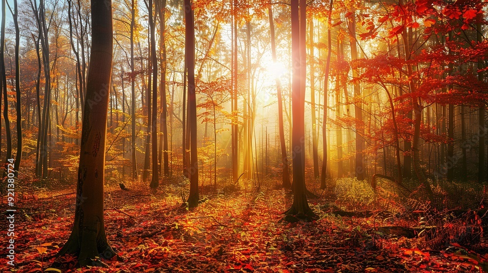 Fototapeta premium Golden sunlight filters through vibrant autumn trees in a tranquil forest setting during late afternoon