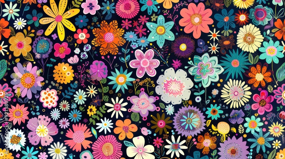 A colorful collection of diverse flowers arranged on a dark backdrop, creating a lively and artistic atmosphere A colorful collection of diverse flowers arranged on a dark backdrop, creating a lively and artistic atmosphere