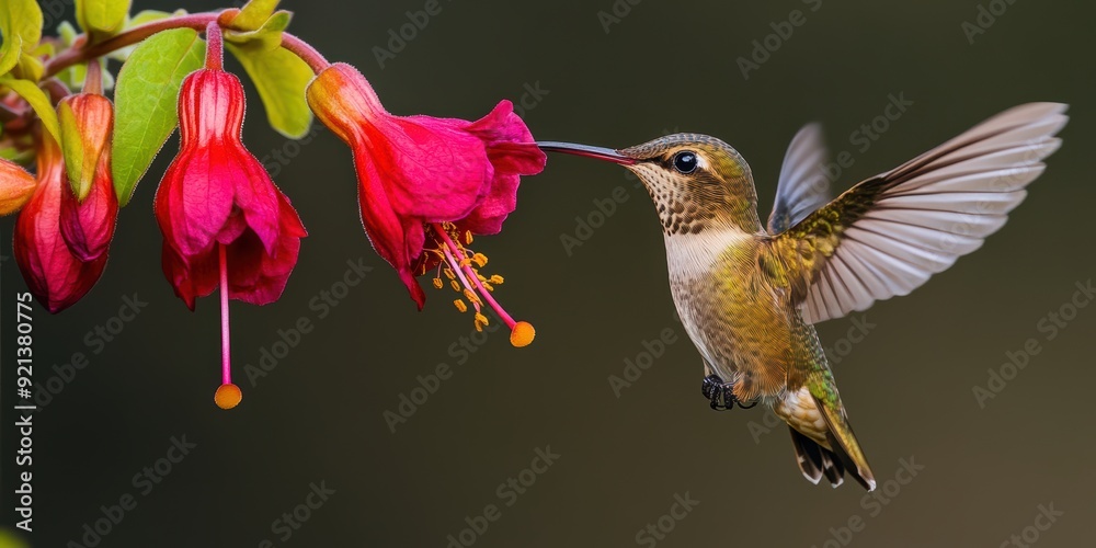 Fototapeta premium A hummingbird feeding through a fuchsia flower