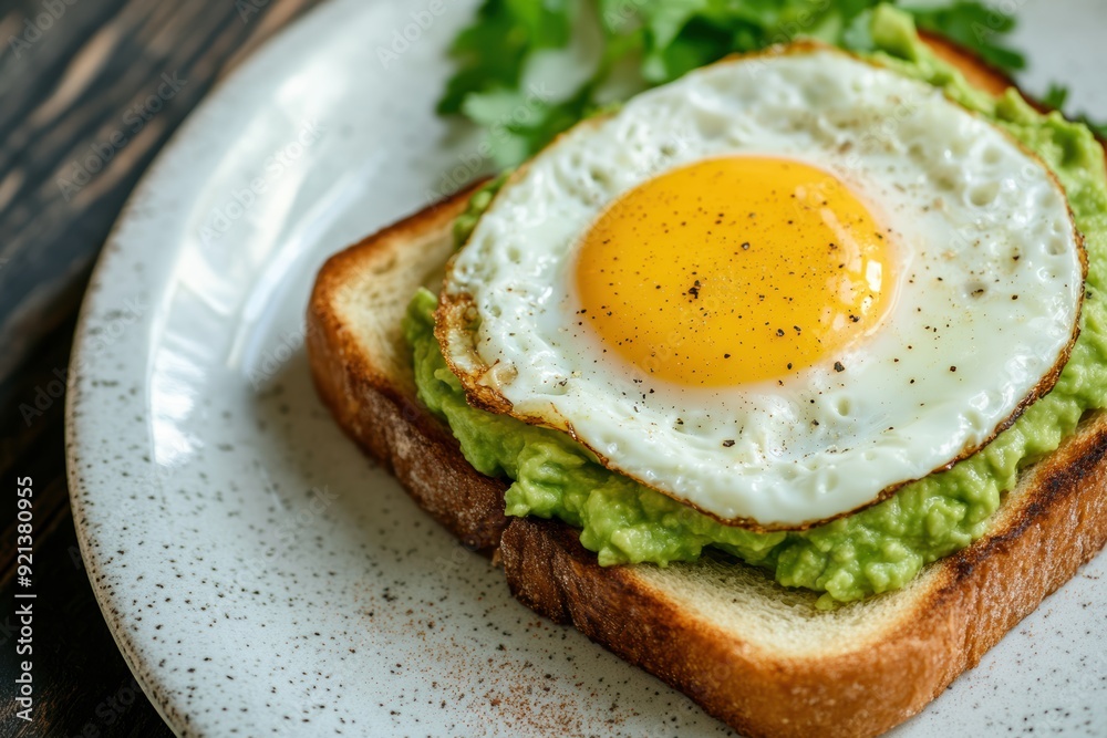 Toast with guacamole and fried egg on a plate Toast with guacamole and fried egg on a plate