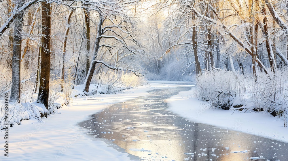 Snow-covered river winding through a tranquil forest at sunrise in winter Snow-covered river winding through a tranquil forest at sunrise in winter