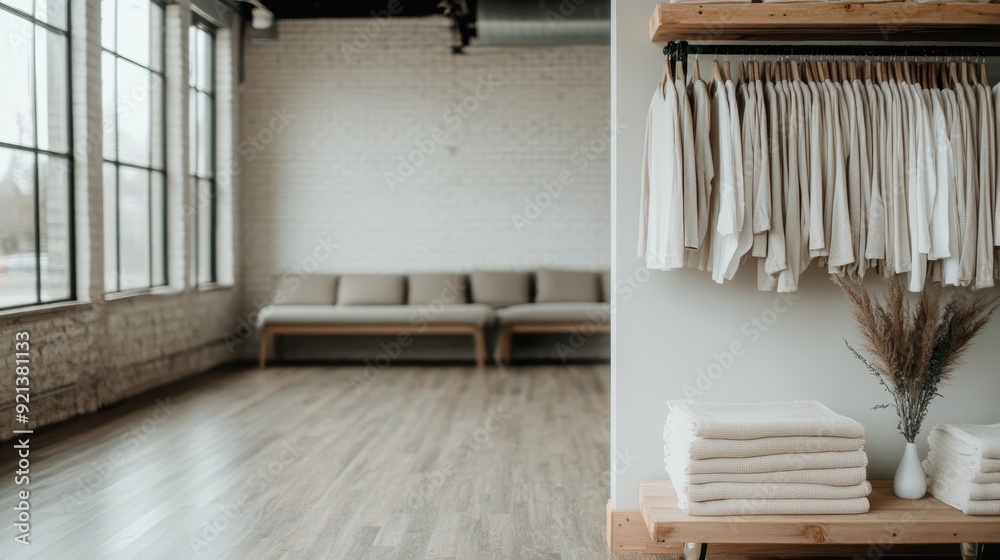 A minimalist room with a wooden floor, white brick walls, and large windows, featuring a clothes rack with white shirts and a stack of folded towels on a bench. A minimalist room with a wooden floor, white brick walls, and large windows, featuring a clothes rack with white shirts and a stack of folded towels on a bench.